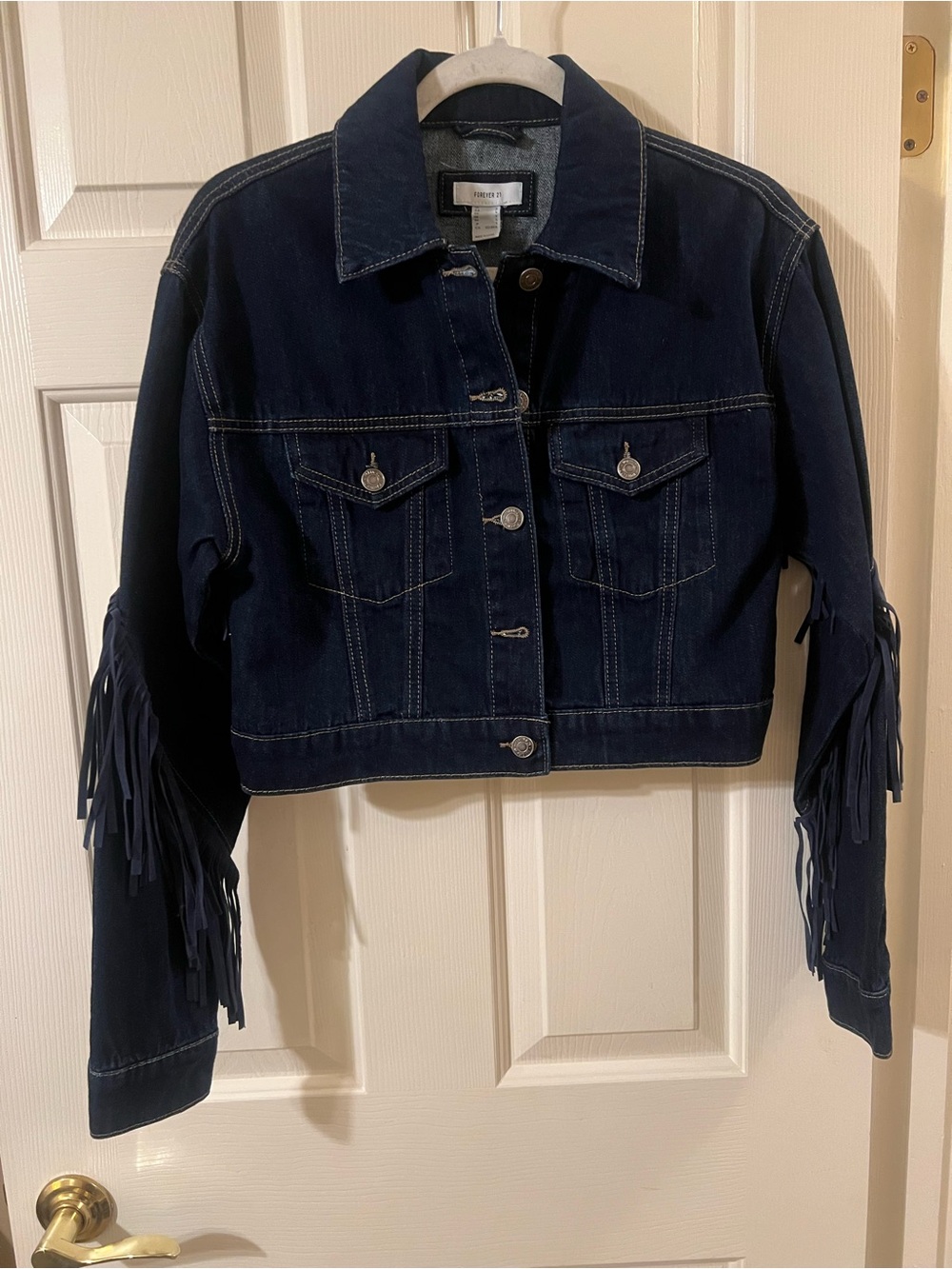 NWOT Forever 21 Cropped Fringe Cowgirl Dark Denim Jacket Size Small